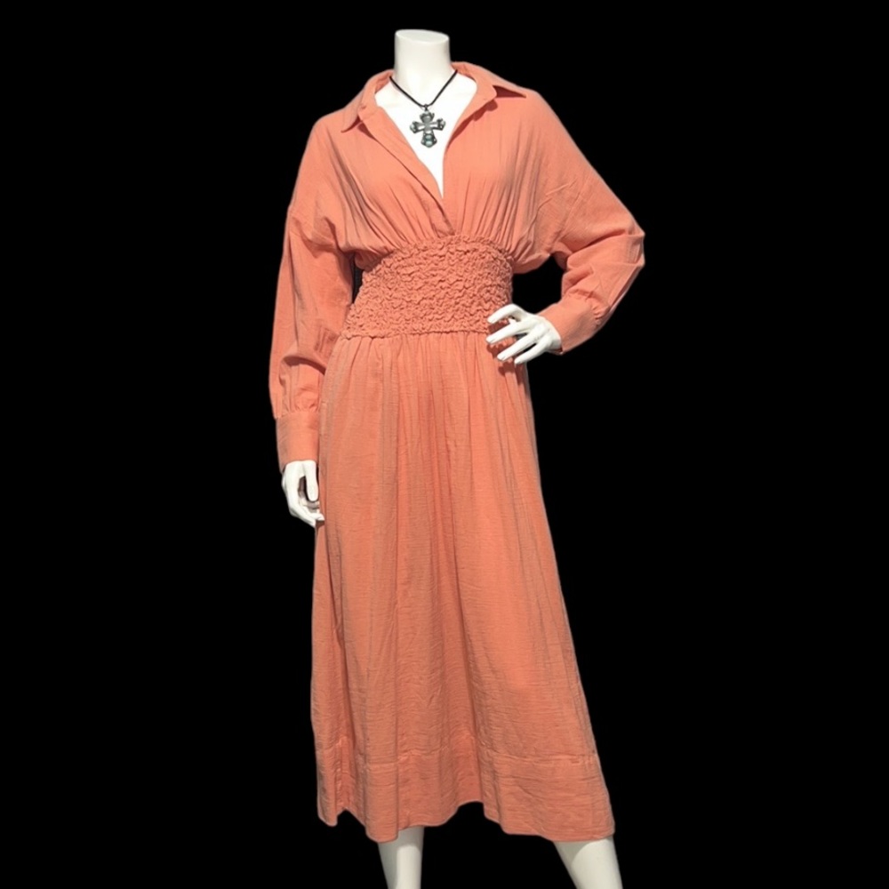 NWT Free People Monika Cotton MIDI Long Sleeve Shirt Dress in  Peach XS - Picture 6 of 11